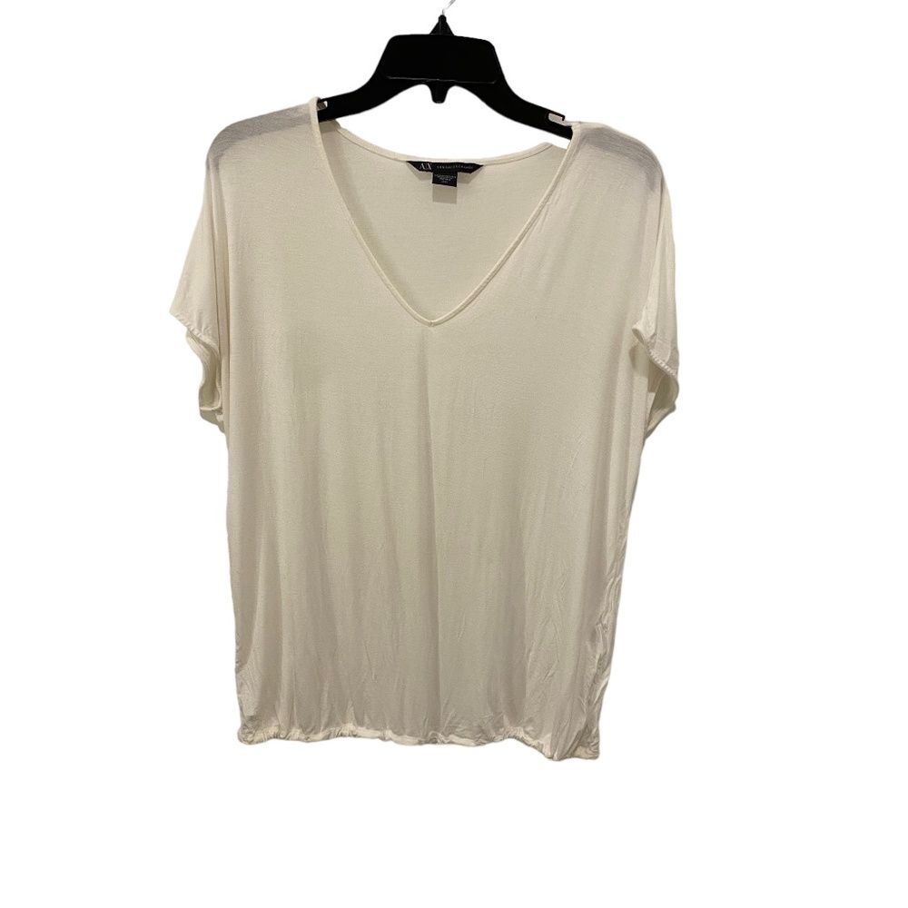 Armani Exchange White V Neck Cinch Tie Hem Sheer Cap Sleeve Blouse Top Medium